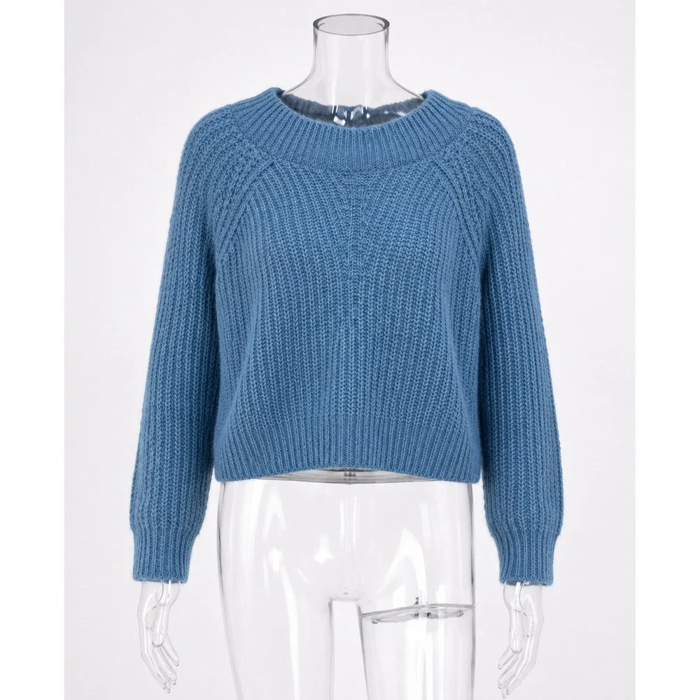 Leith Women's Medium Blue Alpaca Blend Cropped Sweater Coastal Chunky Knit